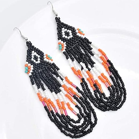 Long 5" Black White Orange Handmade Beaded Earrings New Oversized Boho Tassel - Picture 1 of 4